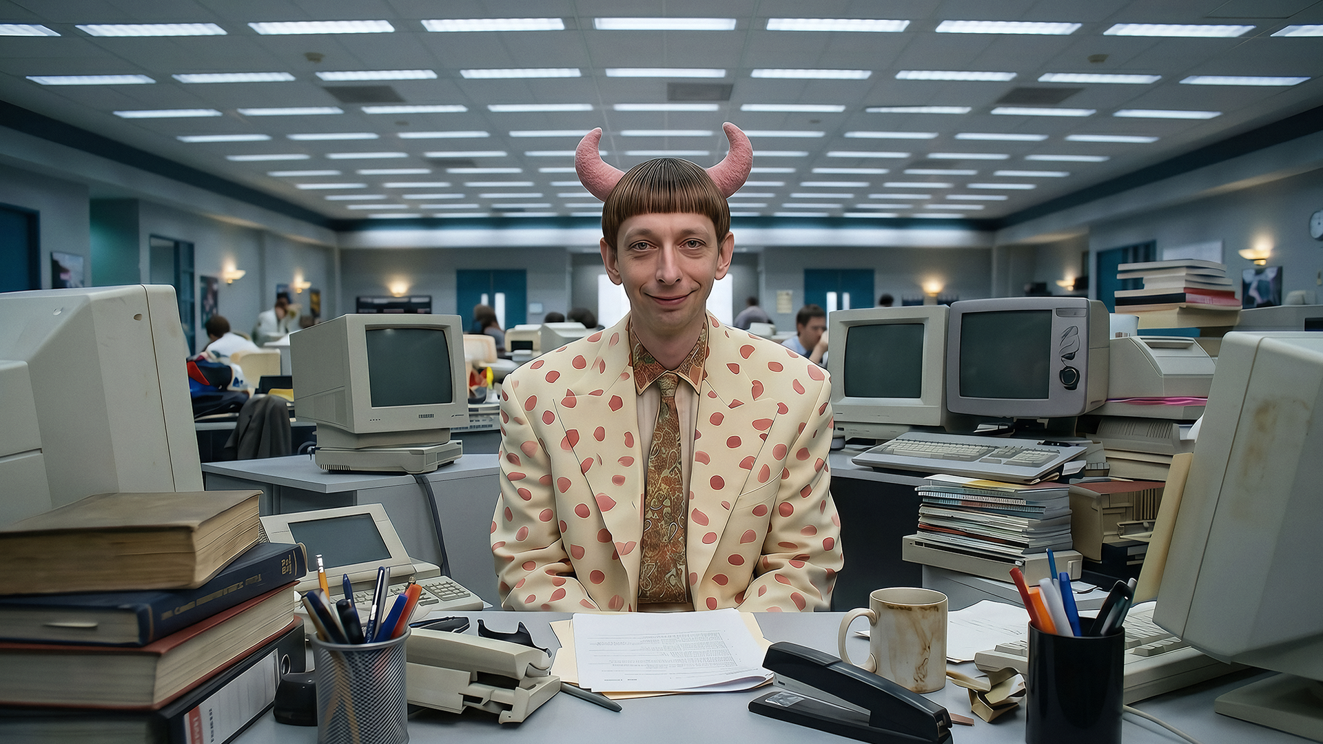 Lou — loser middle-management demon, sitting at a desk in a 1990s open-plan office, wearing a polka-dot blazer and paisley tie